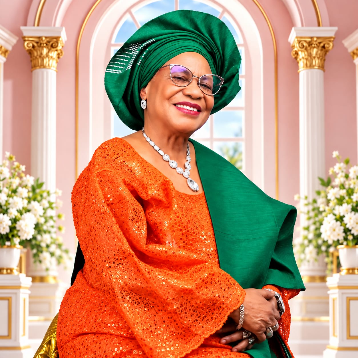 Big Mummy wearing orange and green